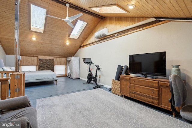 bedroom featuring dark wood-type flooring, wood ceiling, a skylight, high vaulted ceiling, and an AC wall unit