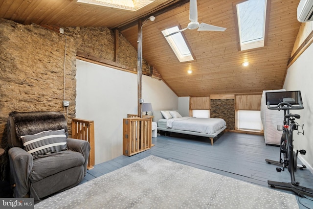 bedroom featuring a skylight, high vaulted ceiling, light hardwood / wood-style floors, wooden ceiling, and an AC wall unit