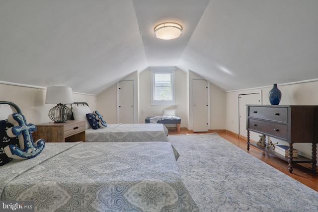 bedroom featuring lofted ceiling and hardwood / wood-style flooring