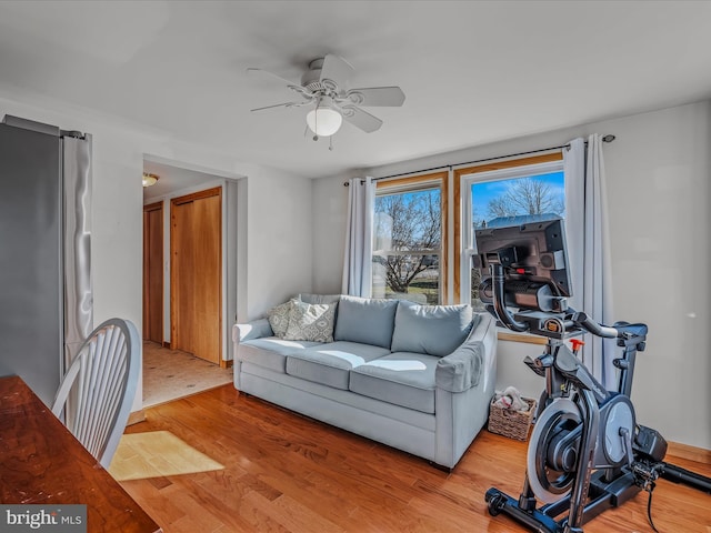 living room featuring ceiling fan and light hardwood / wood-style flooring