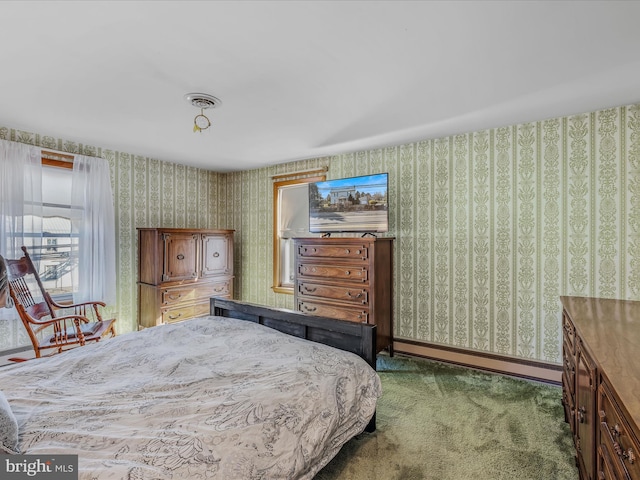 bedroom with a baseboard radiator and carpet floors