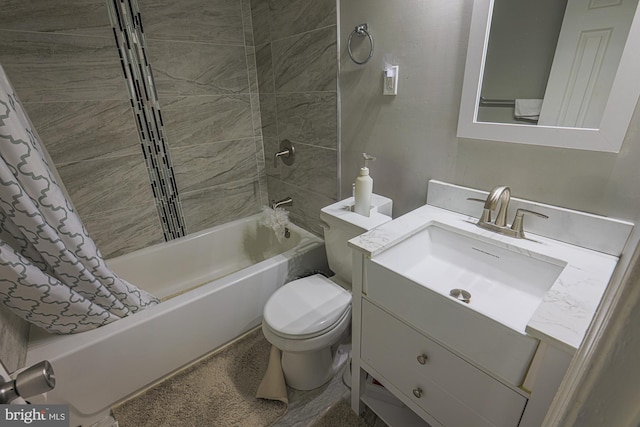 bathroom with vanity, toilet, and shower / tub combo with curtain