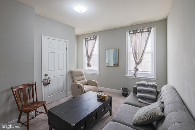 living area with carpet floors and baseboards