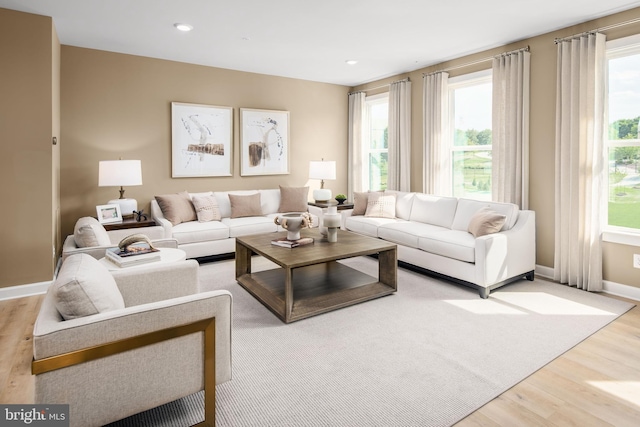 living room with a wealth of natural light and light hardwood / wood-style flooring