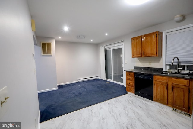 kitchen with a baseboard radiator, black dishwasher, sink, and light carpet