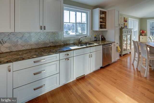 kitchen featuring sink, dishwasher, dark stone countertops, tasteful backsplash, and white cabinets