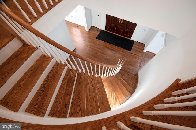 stairway with hardwood / wood-style floors