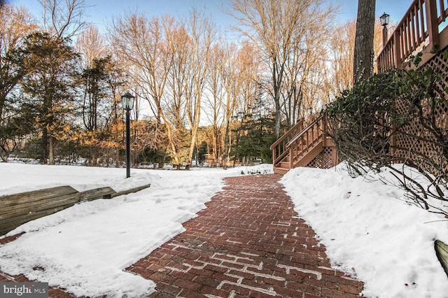 view of yard layered in snow