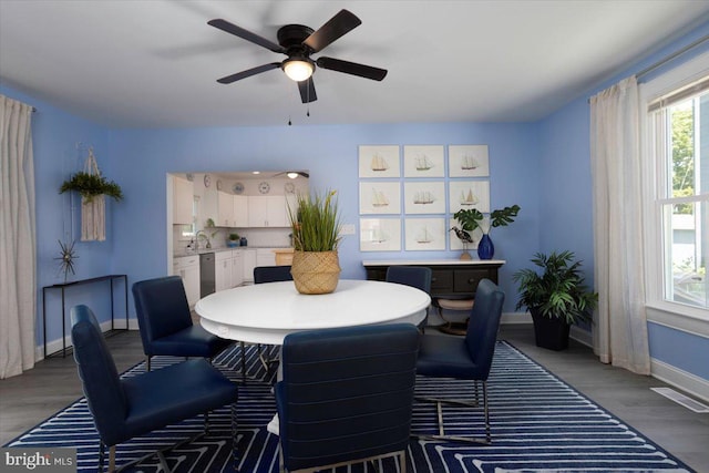 dining area featuring ceiling fan, dark hardwood / wood-style flooring, and sink