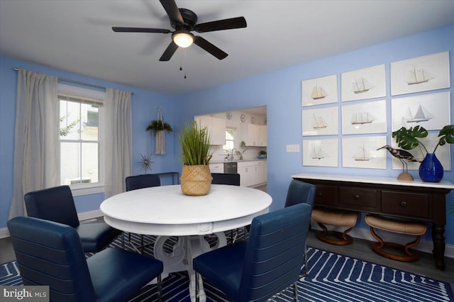 dining room with ceiling fan and sink