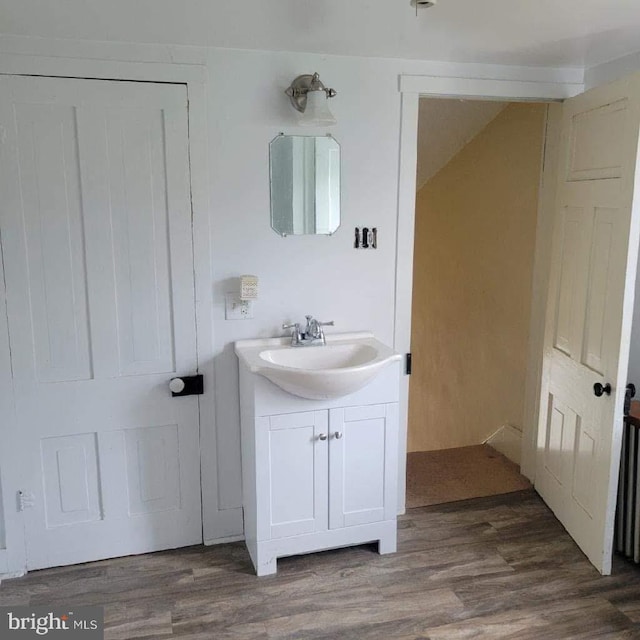 bathroom featuring vanity and wood-type flooring