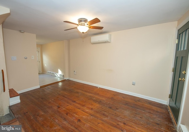 empty room with ceiling fan, dark hardwood / wood-style floors, a wall mounted AC, and baseboard heating