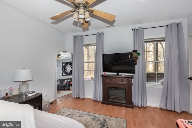 living room with ceiling fan and light hardwood / wood-style floors