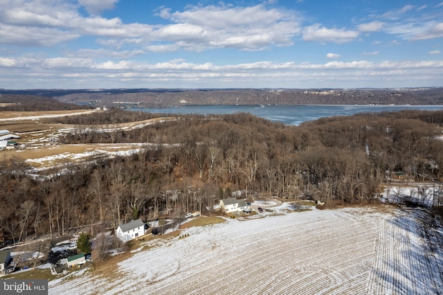 snowy aerial view featuring a water view