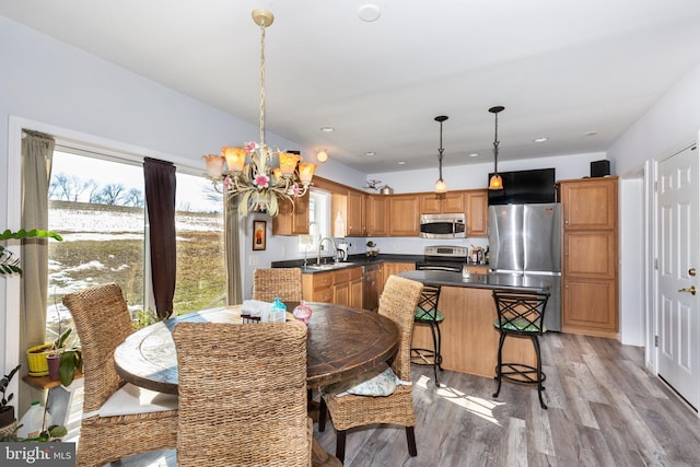 dining room with sink, an inviting chandelier, and light hardwood / wood-style floors