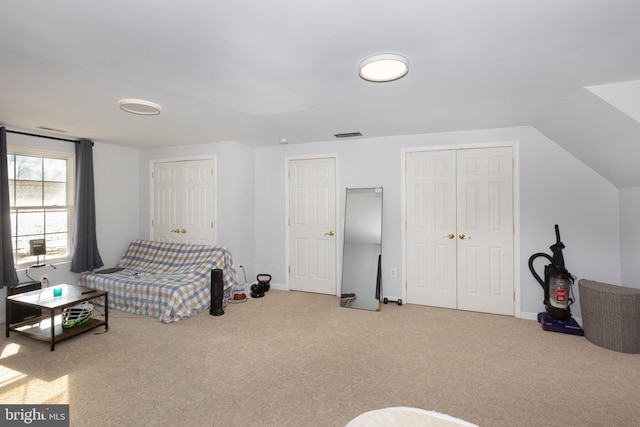 carpeted bedroom with multiple closets and vaulted ceiling