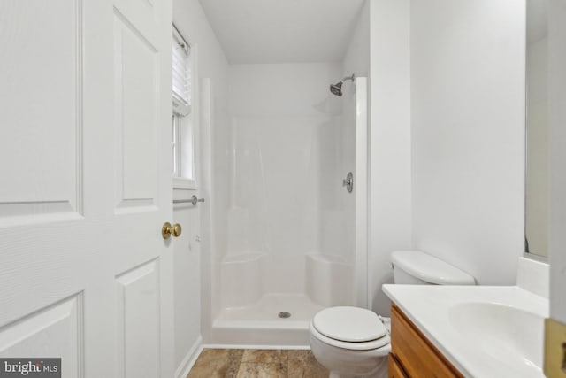 bathroom with a shower, vanity, and toilet