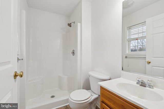 bathroom featuring a shower, vanity, and toilet