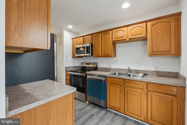 kitchen featuring sink, light hardwood / wood-style floors, and appliances with stainless steel finishes