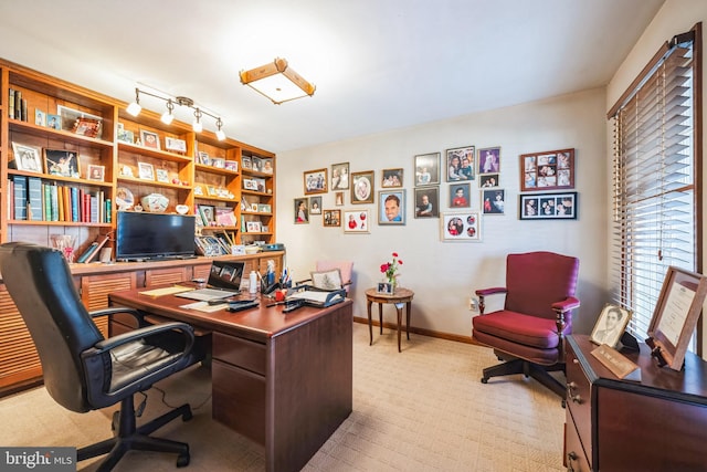 carpeted office space with rail lighting