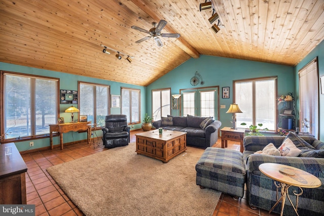 living room with lofted ceiling with beams, tile patterned flooring, track lighting, and wood ceiling