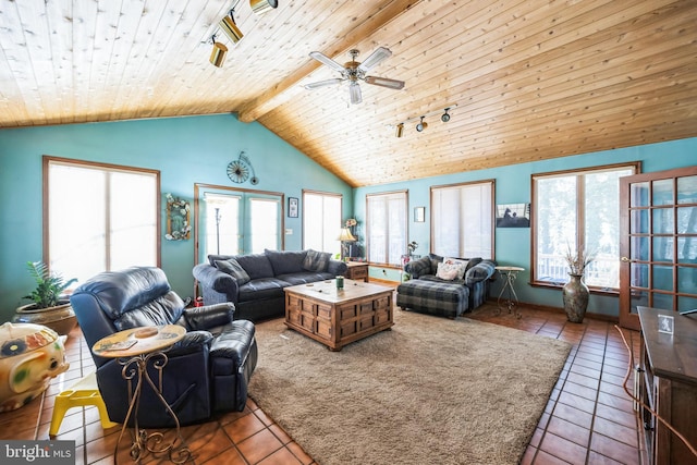 living room featuring rail lighting, vaulted ceiling with beams, tile patterned flooring, wood ceiling, and french doors