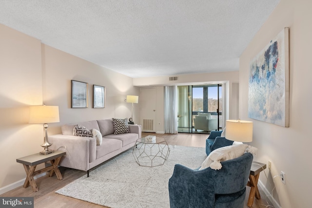 living room with light hardwood / wood-style flooring and a textured ceiling