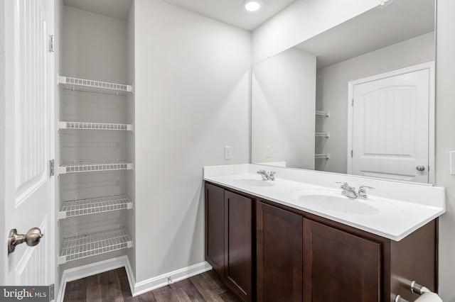 bathroom featuring hardwood / wood-style flooring and vanity