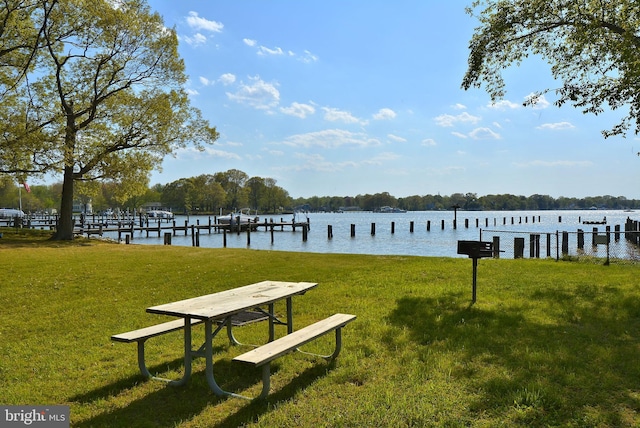 dock area with a water view and a yard