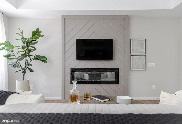 living room featuring a large fireplace and hardwood / wood-style floors