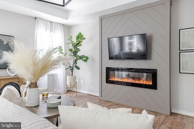 living room featuring light hardwood / wood-style flooring and a fireplace