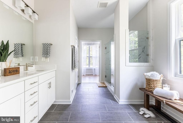 bathroom with vanity and a shower with shower door