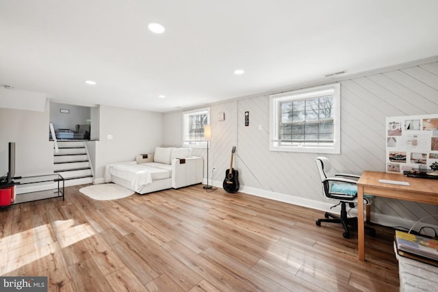 home office with light wood-type flooring