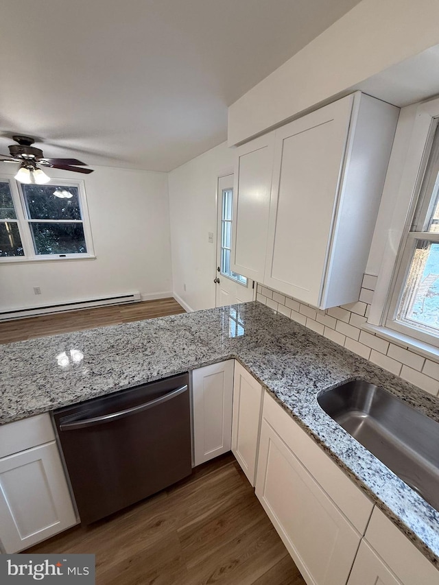 kitchen featuring sink, stainless steel dishwasher, dark hardwood / wood-style flooring, decorative backsplash, and white cabinets