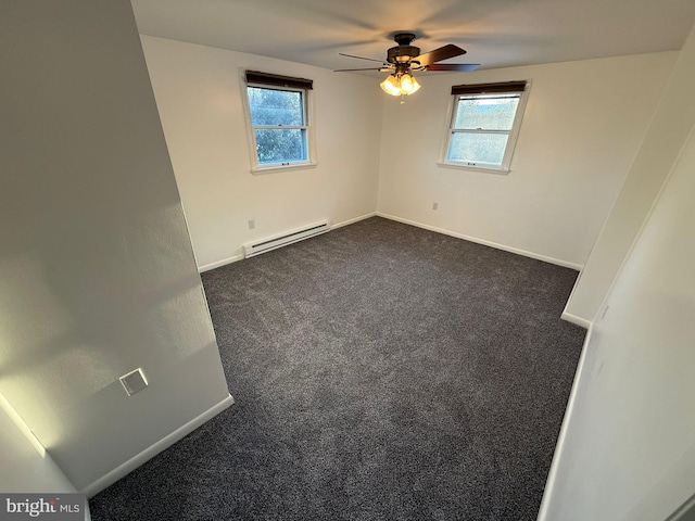 empty room featuring ceiling fan, dark carpet, a baseboard radiator, and a wealth of natural light