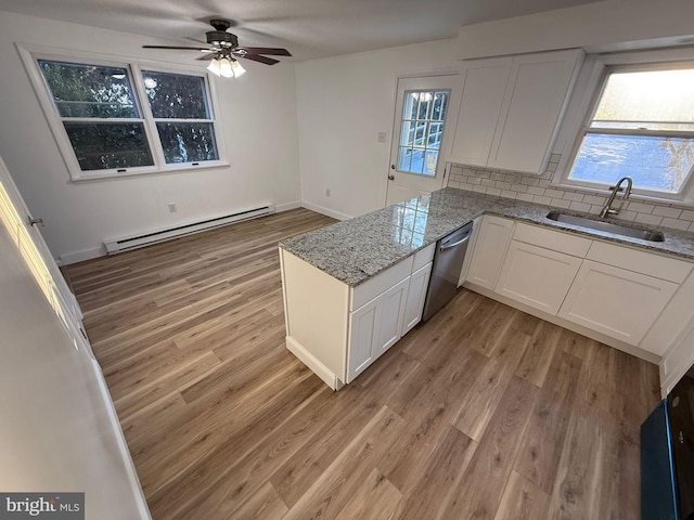 kitchen with sink, dishwasher, white cabinetry, decorative backsplash, and a baseboard radiator