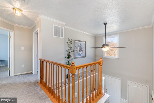 hallway with carpet floors, ornamental molding, and a textured ceiling