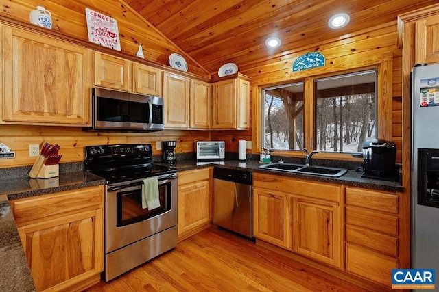 kitchen featuring sink, light hardwood / wood-style flooring, appliances with stainless steel finishes, vaulted ceiling, and wooden ceiling