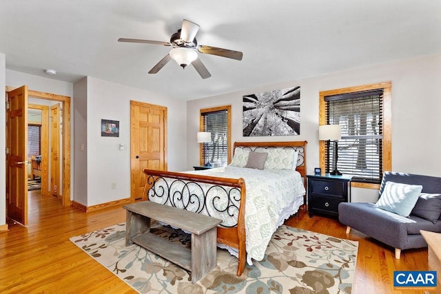 bedroom with ceiling fan and wood-type flooring