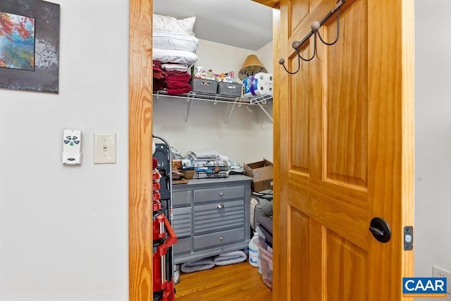 walk in closet with hardwood / wood-style floors