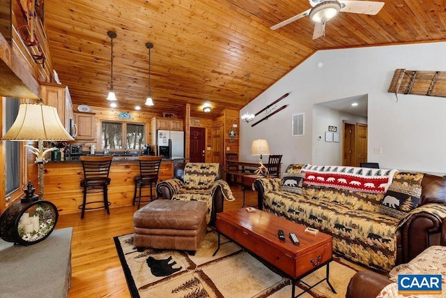 living room with wood ceiling, vaulted ceiling, light hardwood / wood-style flooring, wooden walls, and ceiling fan