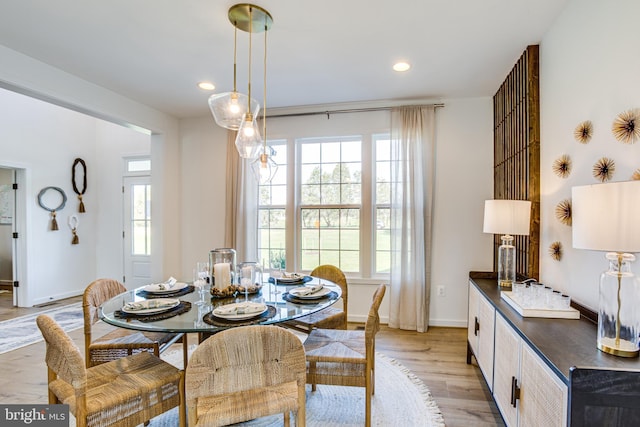 dining space with light hardwood / wood-style flooring