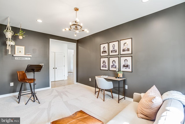 office featuring carpet and a chandelier