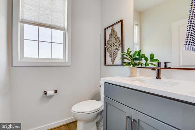 bathroom with hardwood / wood-style flooring, vanity, and toilet