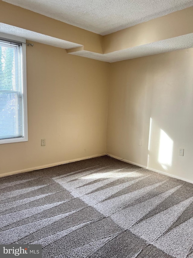 carpeted spare room with a textured ceiling