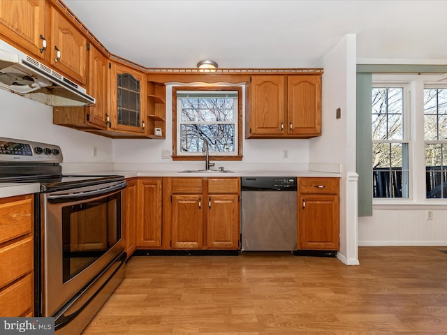 kitchen with stainless steel appliances, sink, and light hardwood / wood-style flooring