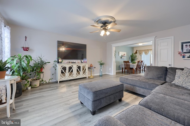 living room featuring light hardwood / wood-style flooring and ceiling fan