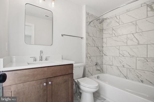 bathroom with marble finish floor, vanity, toilet, and bathing tub / shower combination