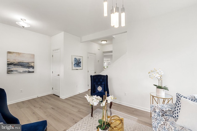 living area with light hardwood / wood-style flooring