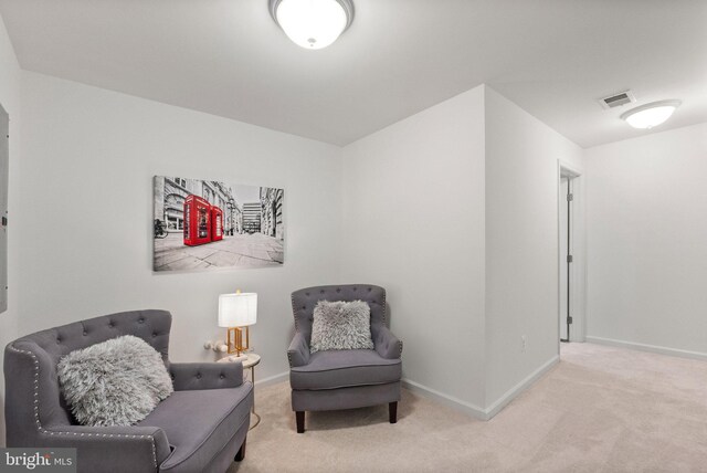 living area featuring light colored carpet